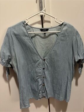 Express Button-Front V-Neck Tie-Sleeve Top with Denim Look